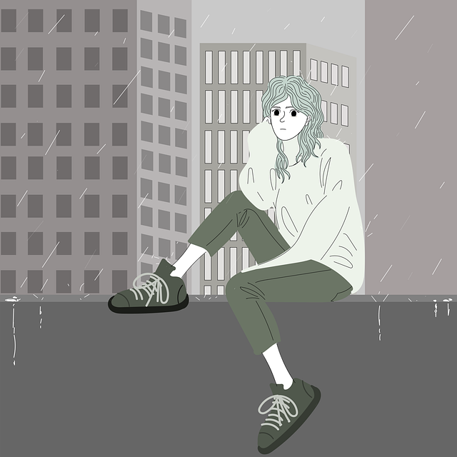 Comic: Frau sitzt traurig im Regen.
